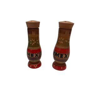 Vintage Mexican Carved Wooden Salt & Pepper Shakers Set 4" Tall